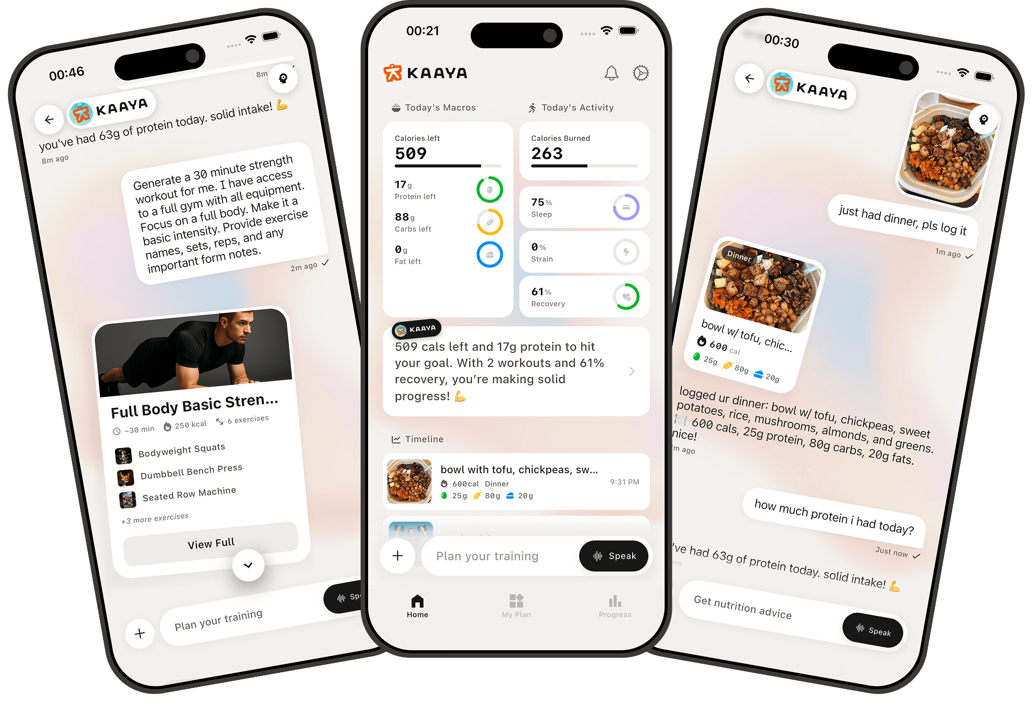 Kaaya App Screenshots showing meal tracking, dashboard, and workout features